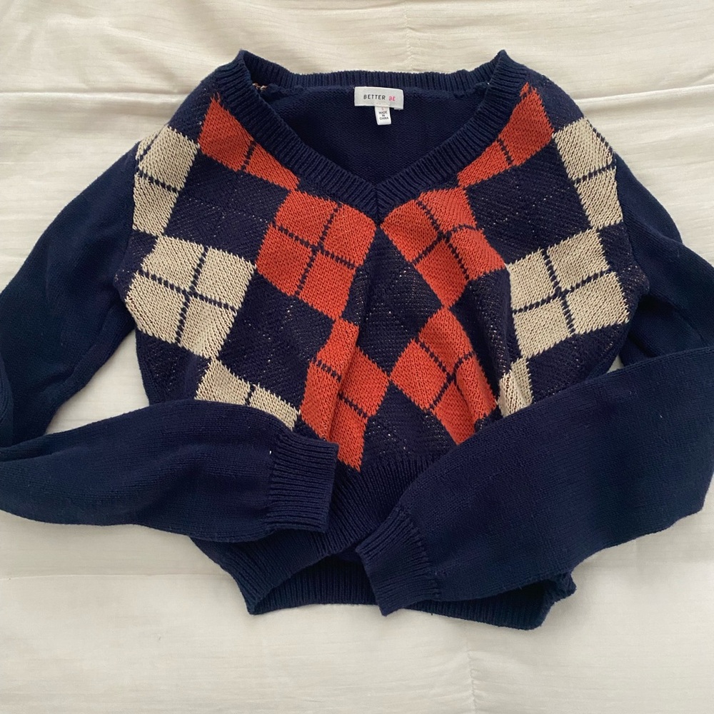 Better Be V-Neck Sweater Blue and Red Argyle